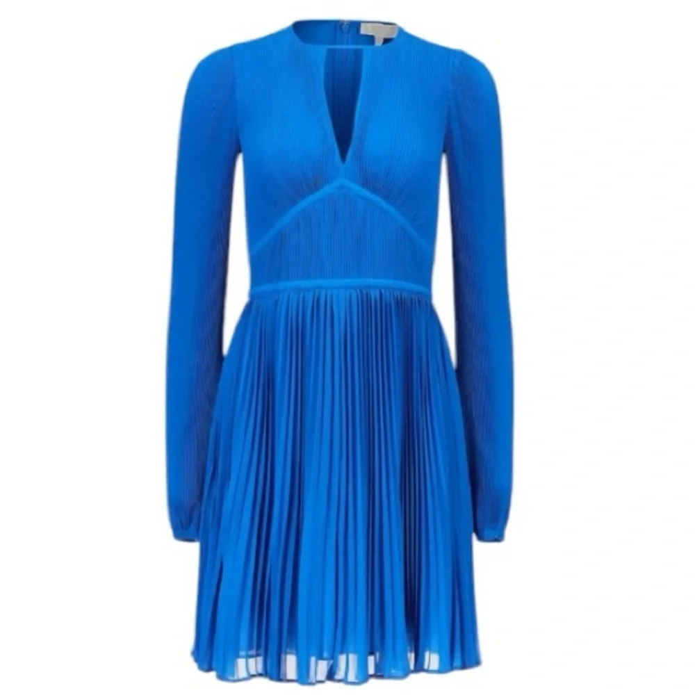 NWT MICHAEL Michael Kors Pleated Long Sleeve Mini‎ Dress Grecian Blue Feminine